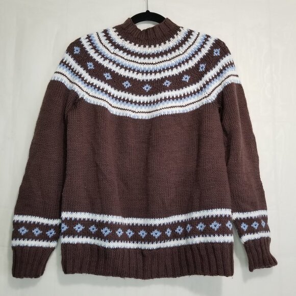 Handmade knit mockneck sweater brown size  womens L?/mens M? fairisle acrylic? - Picture 2 of 6